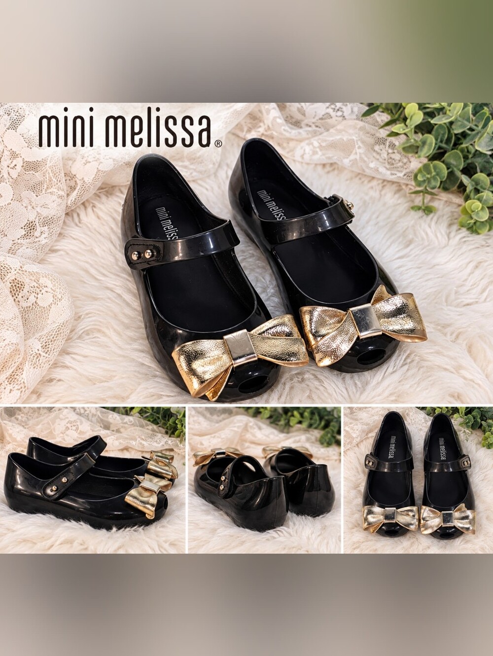 mini melissa Kids' Black Jelly Mary Jane with Gold Bow